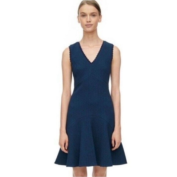 Rebecca Taylor V-Neck Navy Sleeveless Textured Chevron Dress Flare Size 2 NWT - Picture 1 of 15